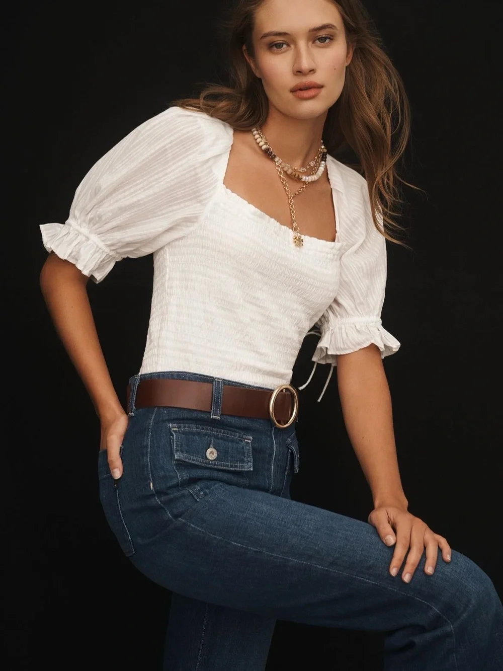 Anthropologie White seersucker smocked puff sleeve crop top size small